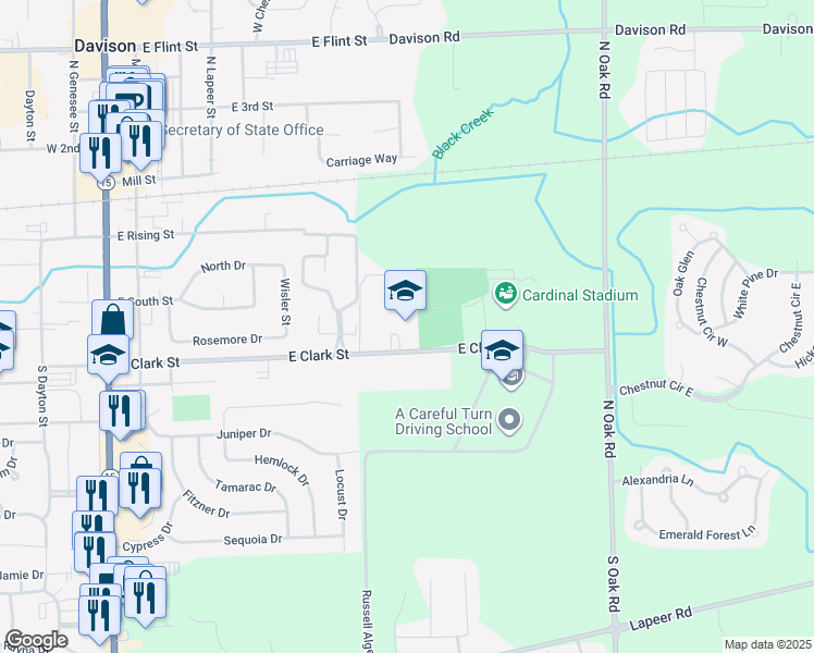 map of restaurants, bars, coffee shops, grocery stores, and more near 617 East Clark Street in Davison