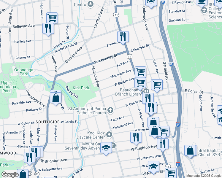 map of restaurants, bars, coffee shops, grocery stores, and more near 302 West Beard Avenue in Syracuse