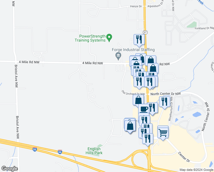 map of restaurants, bars, coffee shops, grocery stores, and more near 1050 4 Mile Road Northwest in Grand Rapids