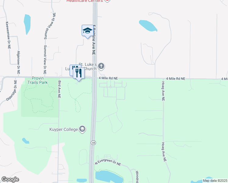 map of restaurants, bars, coffee shops, grocery stores, and more near 3300 East Beltline Avenue Northeast in Grand Rapids