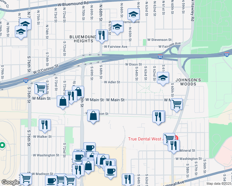 map of restaurants, bars, coffee shops, grocery stores, and more near 602 South 67th Street in Milwaukee