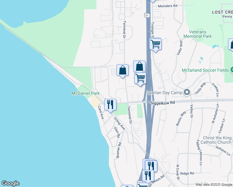 map of restaurants, bars, coffee shops, grocery stores, and more near 4604 Siggelkow Road in McFarland