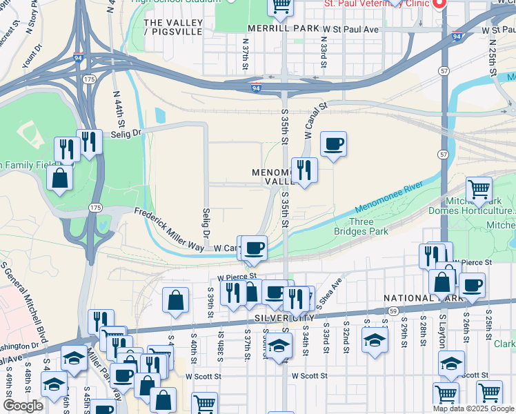 map of restaurants, bars, coffee shops, grocery stores, and more near 3550 West Canal Street in Milwaukee