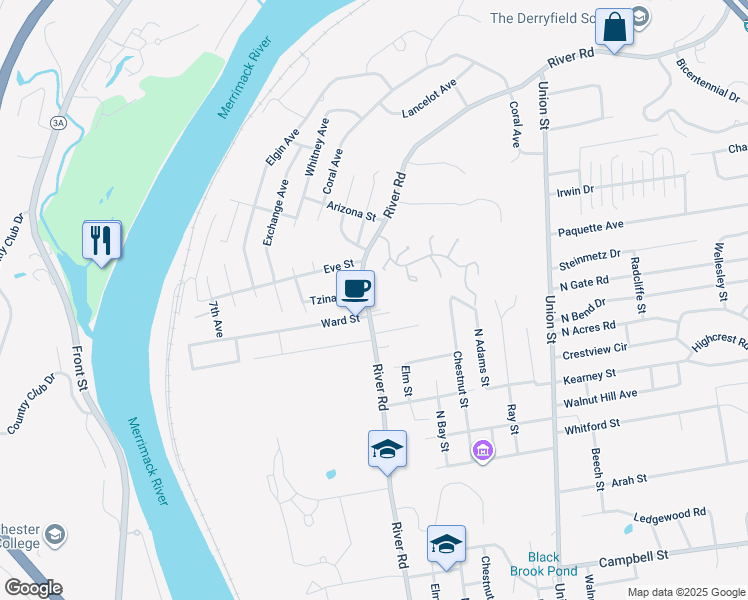 map of restaurants, bars, coffee shops, grocery stores, and more near 1362 River Road in Manchester