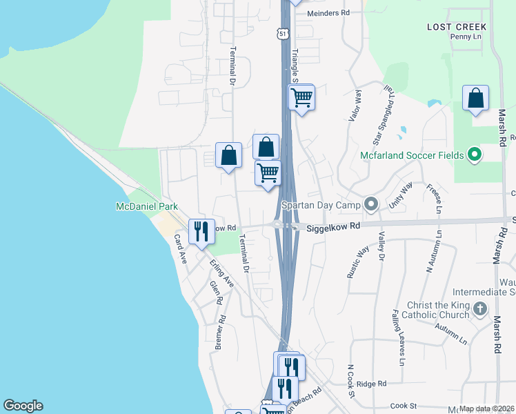 map of restaurants, bars, coffee shops, grocery stores, and more near 4702 Siggelkow Road in McFarland
