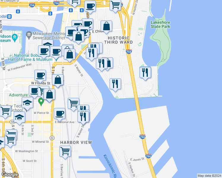 map of restaurants, bars, coffee shops, grocery stores, and more near 601 East Erie Street in Milwaukee