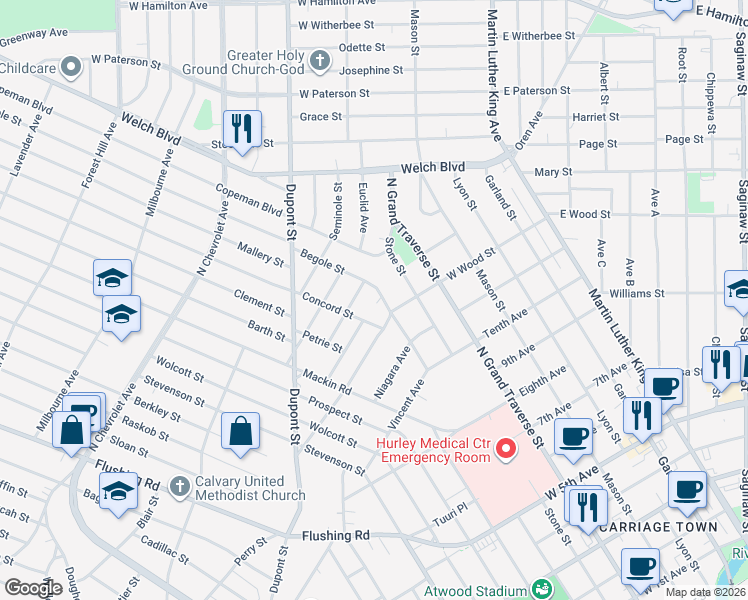 map of restaurants, bars, coffee shops, grocery stores, and more near 1405 Caldwell Avenue in Flint