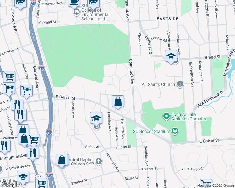 map of restaurants, bars, coffee shops, grocery stores, and more near 221 Robert Drive in Syracuse