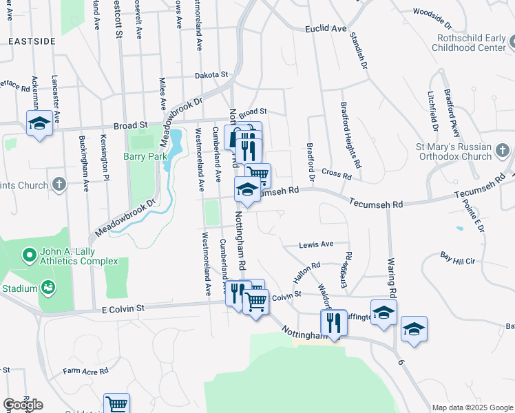 map of restaurants, bars, coffee shops, grocery stores, and more near 155 Waldorf Parkway in Syracuse