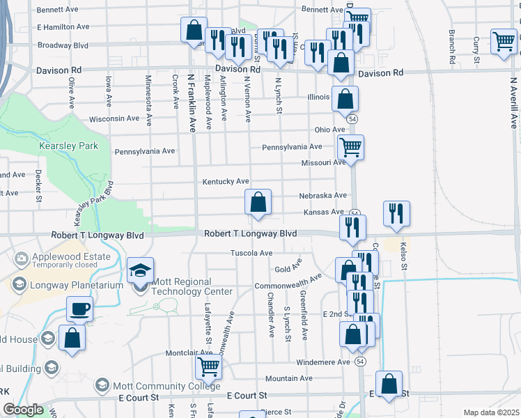map of restaurants, bars, coffee shops, grocery stores, and more near 2209 Kansas Avenue in Flint