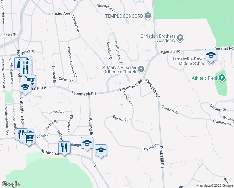 map of restaurants, bars, coffee shops, grocery stores, and more near 6124 Royal Birkdale in Jamesville