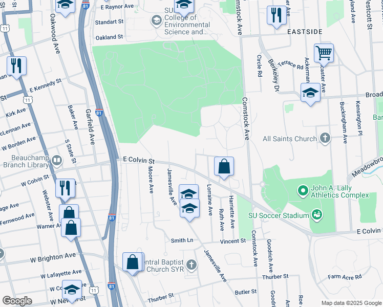 map of restaurants, bars, coffee shops, grocery stores, and more near 205-07 North Hughes Place in Syracuse
