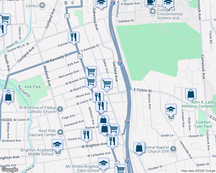 map of restaurants, bars, coffee shops, grocery stores, and more near 330 Baker Avenue in Syracuse