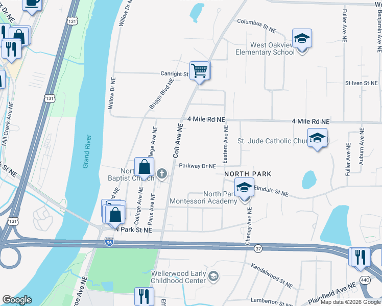 map of restaurants, bars, coffee shops, grocery stores, and more near 3520 Coit Avenue Northeast in Grand Rapids