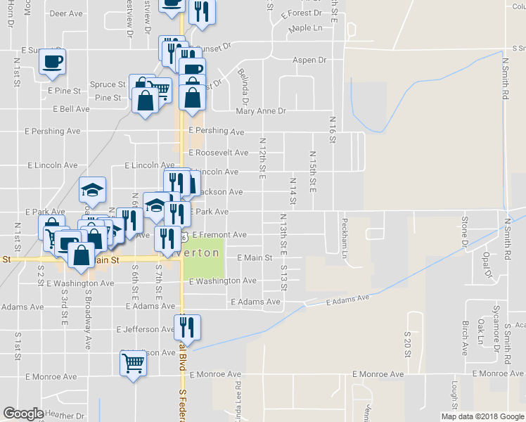 map of restaurants, bars, coffee shops, grocery stores, and more near 1200 East Park Avenue in Riverton