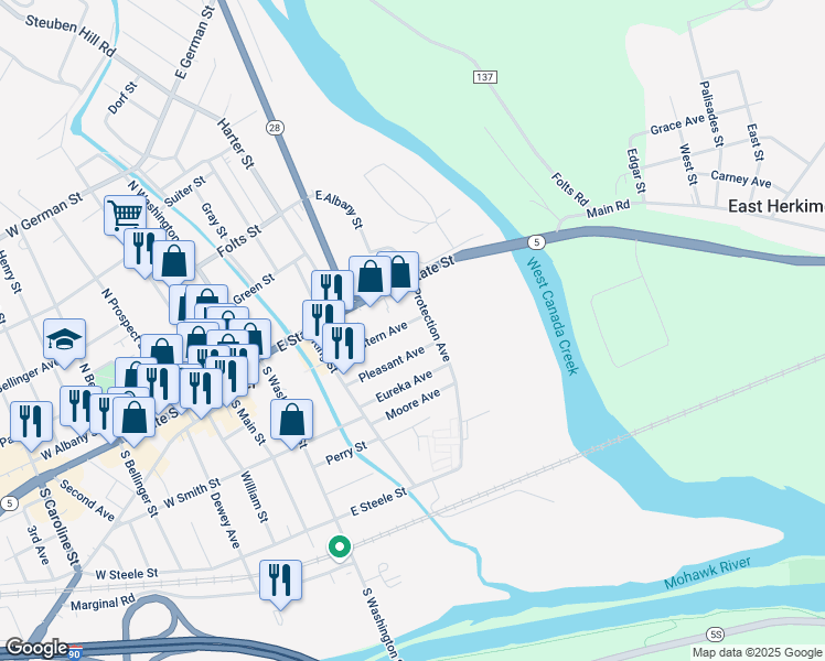map of restaurants, bars, coffee shops, grocery stores, and more near 100 Protection Avenue in Herkimer