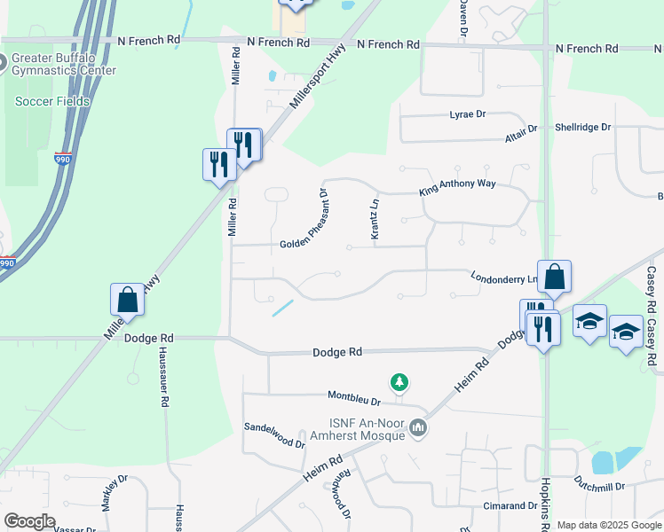 map of restaurants, bars, coffee shops, grocery stores, and more near 73 Forestbrook Court in Getzville