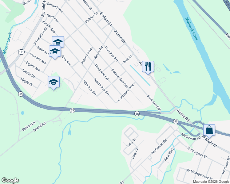 map of restaurants, bars, coffee shops, grocery stores, and more near 505 Third Avenue Extension in Frankfort