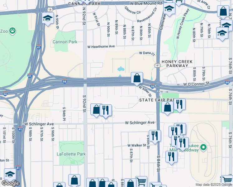map of restaurants, bars, coffee shops, grocery stores, and more near 430 South 89th Street in Milwaukee
