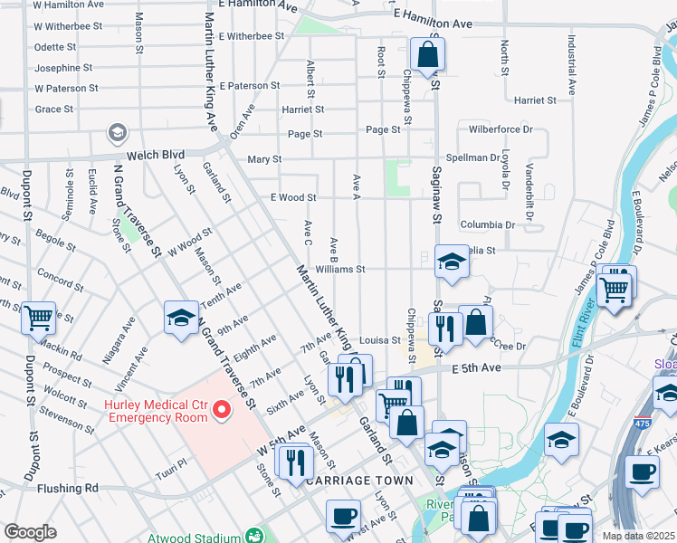 map of restaurants, bars, coffee shops, grocery stores, and more near 1220 Avenue B in Flint