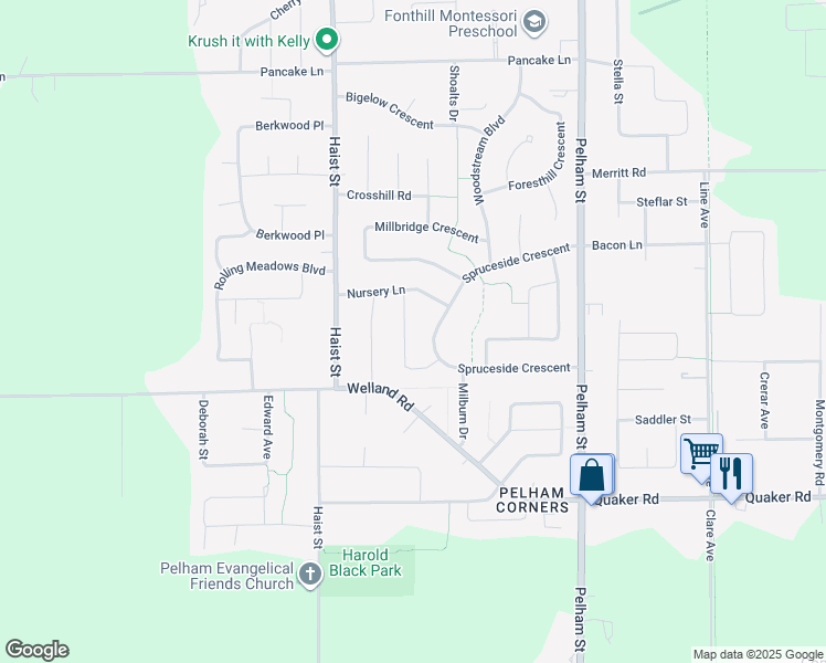 map of restaurants, bars, coffee shops, grocery stores, and more near 17 Deerpark Crescent in Pelham