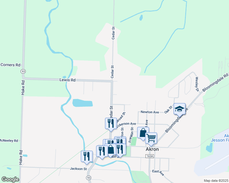 map of restaurants, bars, coffee shops, grocery stores, and more near 84 Cedar Street in Akron