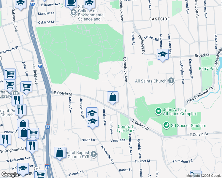 map of restaurants, bars, coffee shops, grocery stores, and more near 219 Robert Drive in Syracuse
