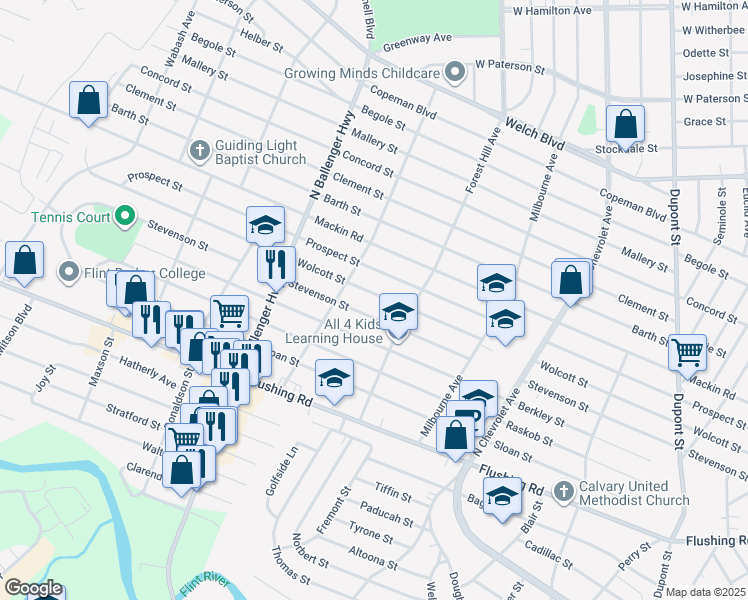map of restaurants, bars, coffee shops, grocery stores, and more near 2733 Wolcott Street in Flint
