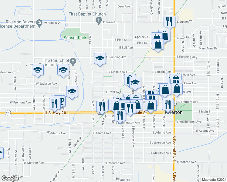 map of restaurants, bars, coffee shops, grocery stores, and more near 228 Railroad Avenue in Riverton