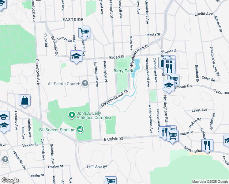 map of restaurants, bars, coffee shops, grocery stores, and more near 315 Kensington Place in Syracuse