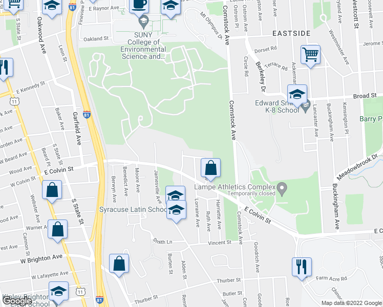 map of restaurants, bars, coffee shops, grocery stores, and more near 109 Robert Drive in Syracuse