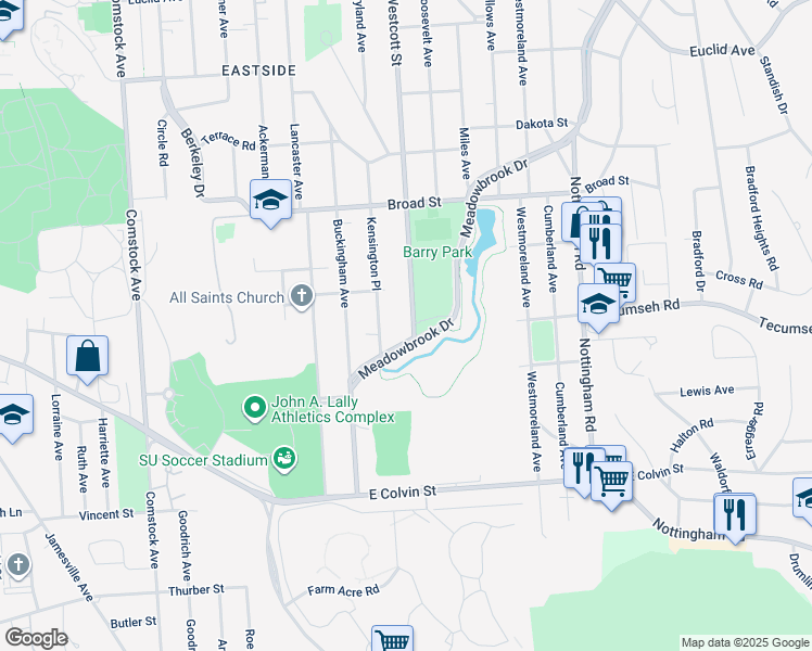 map of restaurants, bars, coffee shops, grocery stores, and more near 315 Kensington Place in Syracuse