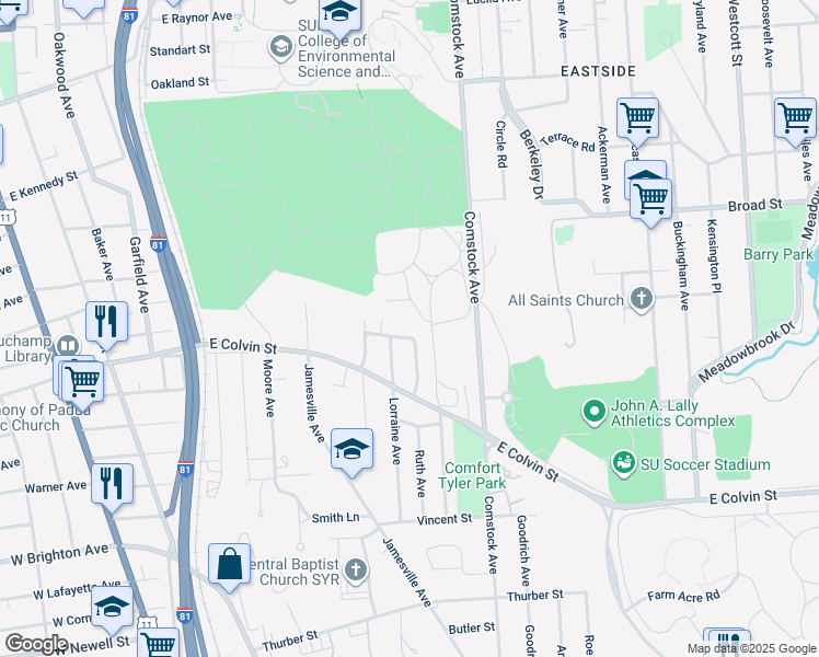 map of restaurants, bars, coffee shops, grocery stores, and more near 219 Robert Drive in Syracuse