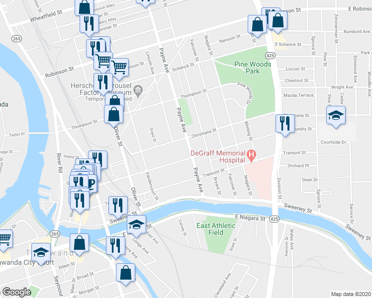 map of restaurants, bars, coffee shops, grocery stores, and more near in North Tonawanda