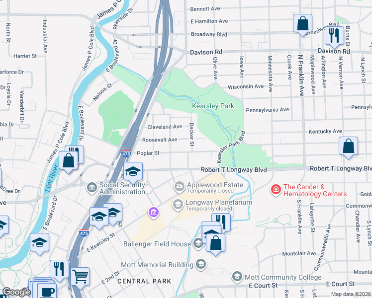 map of restaurants, bars, coffee shops, grocery stores, and more near 1402 Roosevelt Avenue in Flint