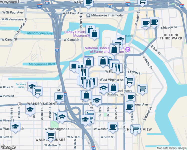map of restaurants, bars, coffee shops, grocery stores, and more near 408 West Florida Street in Milwaukee