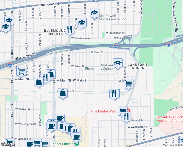 map of restaurants, bars, coffee shops, grocery stores, and more near 409 South 64th Street in Milwaukee