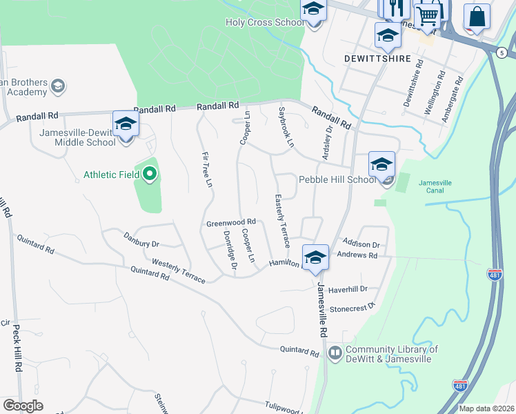 map of restaurants, bars, coffee shops, grocery stores, and more near 115 Cherry Hill in Syracuse