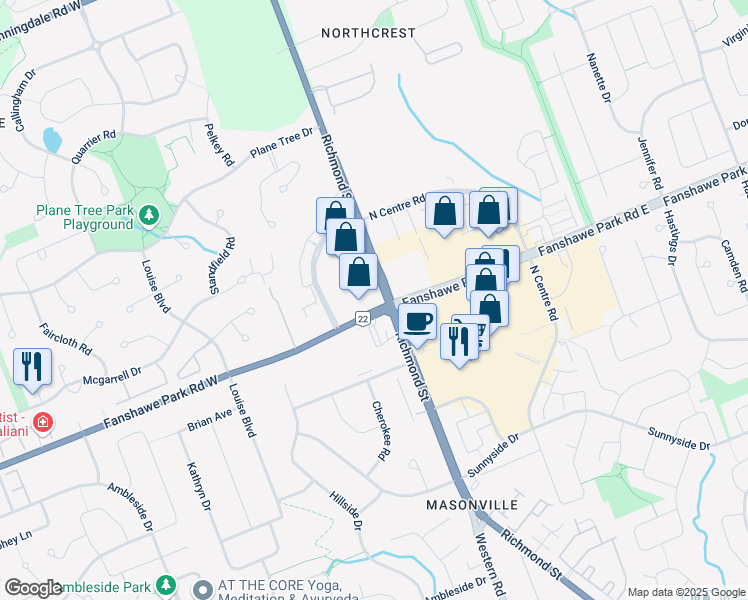 map of restaurants, bars, coffee shops, grocery stores, and more near 1727 Richmond Street in London