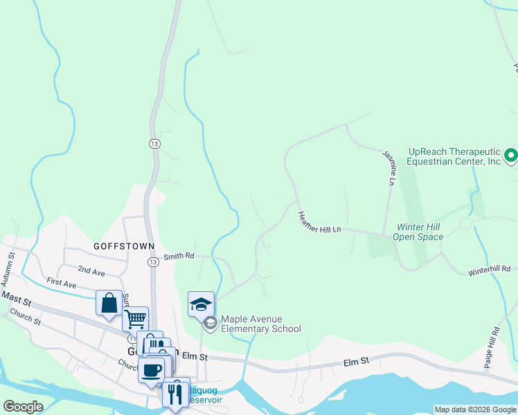 map of restaurants, bars, coffee shops, grocery stores, and more near 14 Hemlock Drive in Goffstown