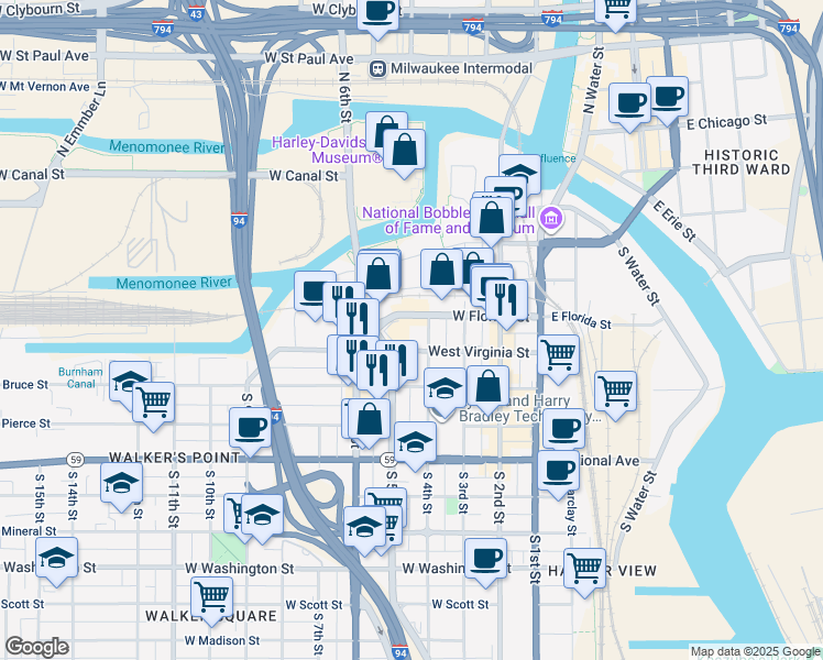 map of restaurants, bars, coffee shops, grocery stores, and more near 400 South 5th Street in Milwaukee