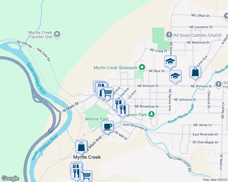 map of restaurants, bars, coffee shops, grocery stores, and more near 330 Northwest Pleasant Street in Myrtle Creek