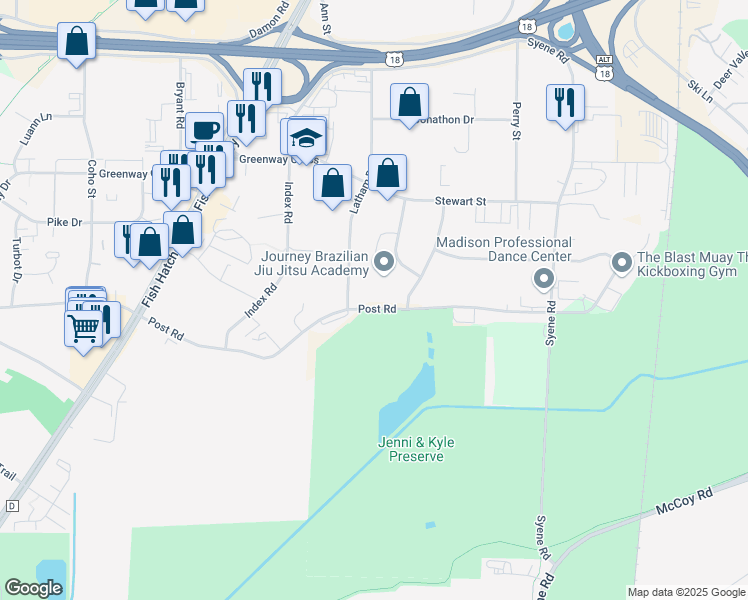 map of restaurants, bars, coffee shops, grocery stores, and more near 1106 Post Road in Madison