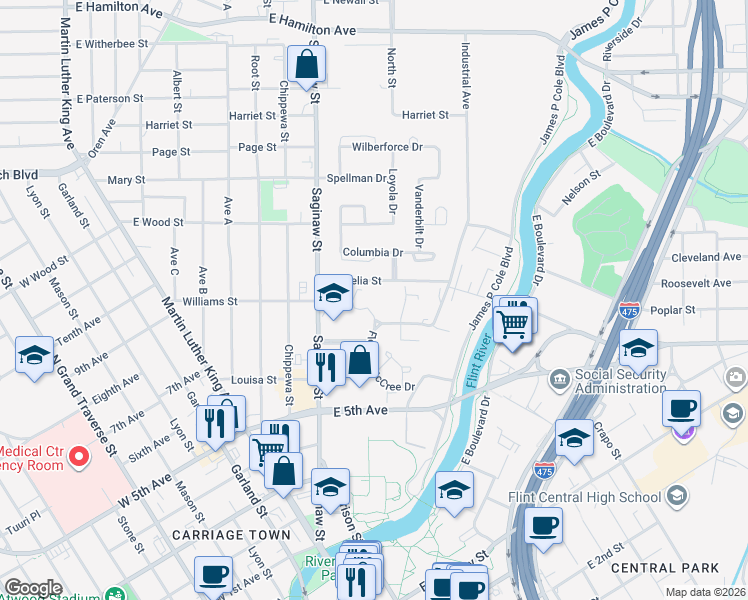 map of restaurants, bars, coffee shops, grocery stores, and more near 801 Gardenview Street in Flint