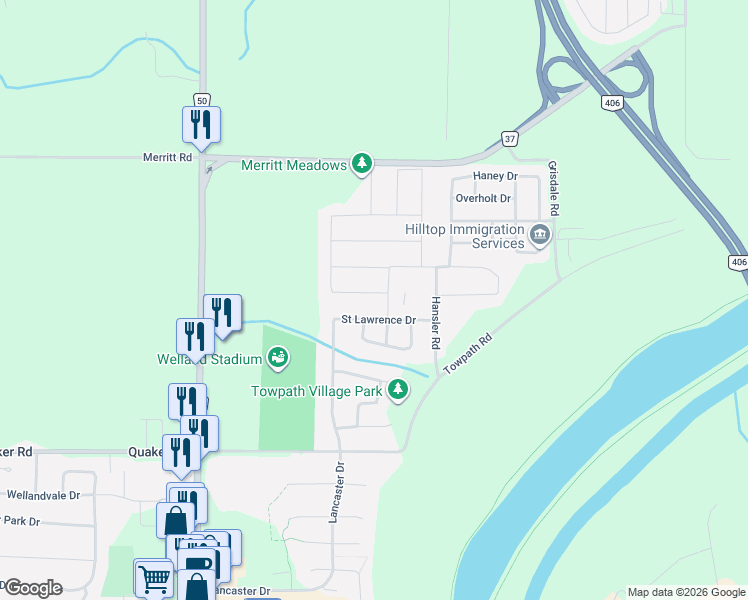 map of restaurants, bars, coffee shops, grocery stores, and more near 5 Hopkins Street in Thorold