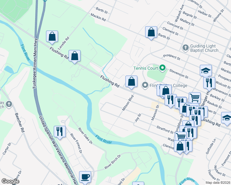 map of restaurants, bars, coffee shops, grocery stores, and more near 3320 Hatherly Avenue in Flint