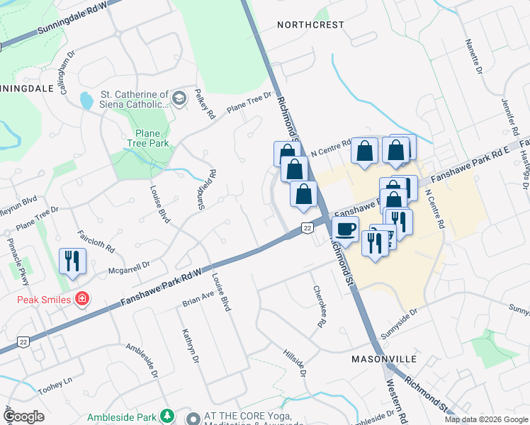 map of restaurants, bars, coffee shops, grocery stores, and more near 300 North Centre Road in London