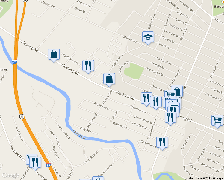 map of restaurants, bars, coffee shops, grocery stores, and more near Flushing Road in Flint Township