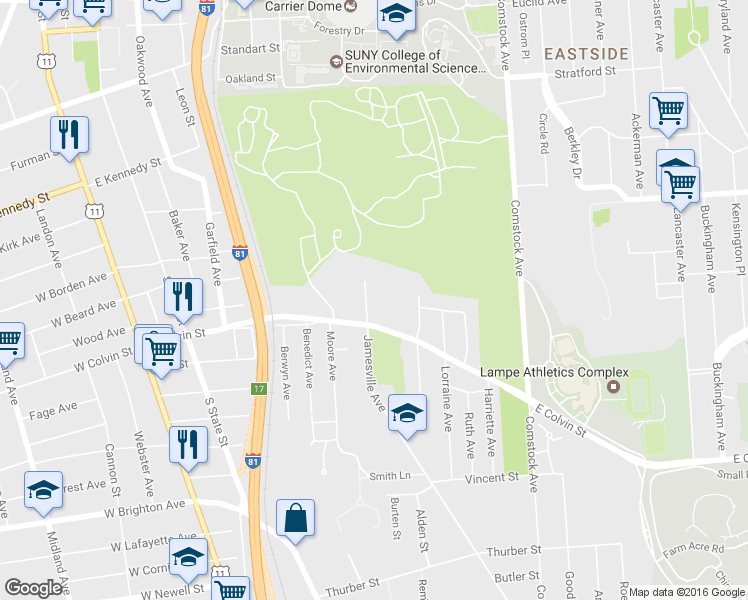 map of restaurants, bars, coffee shops, grocery stores, and more near 147 Jamesville Avenue in Syracuse