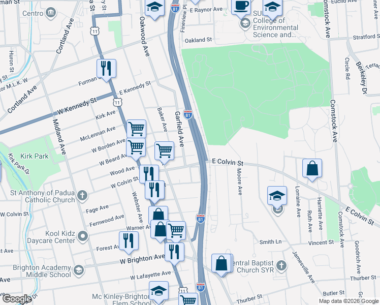map of restaurants, bars, coffee shops, grocery stores, and more near 335 Garfield Avenue in Syracuse